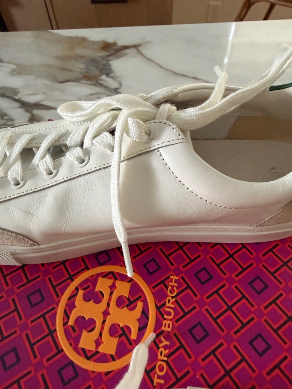 Tory Burch White Leather Sneakers with Green Logo and Heel Tab/color block - Picture 7 of 8